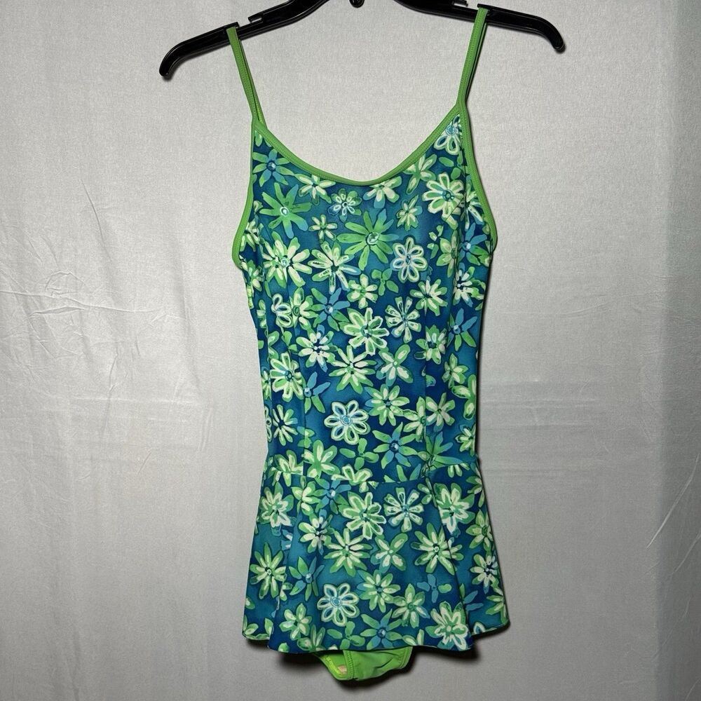 Vintage Kathy Ireland Swimdress Size 8 Blue Green Floral One Piece Skirted Y2K